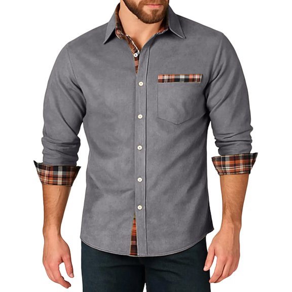 LNZGNM Men's Corduroy Button Down Shirt Plaid Collar Long Sleeve Shirt with Pocket Lightweight Untucked Shirts Fashion Outdoor Top,Dark Gray M
