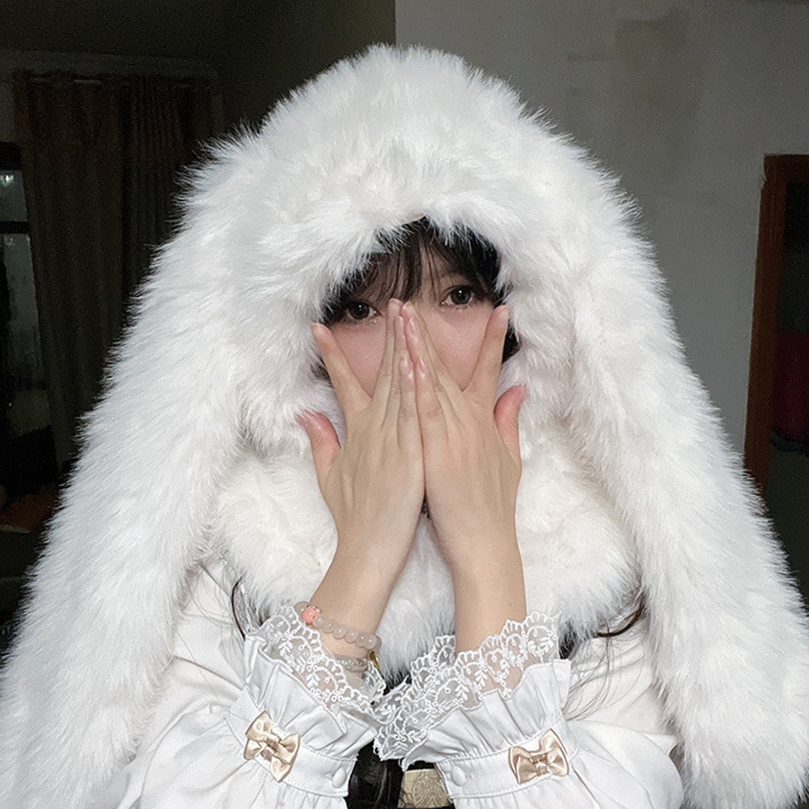 Furry Plush Neck Scarf Hat Soft Headcover Cap Teens Girls Rabbits Ear Bonnet Cap
