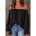 thumbnail image 3 of Blusa de gasa con hombros descubiertos, color liso, ribete de volantes, manga larga, camiseta con hombros descubiertos para dama, chica, mujer, citas, negro, M, 3 of 8