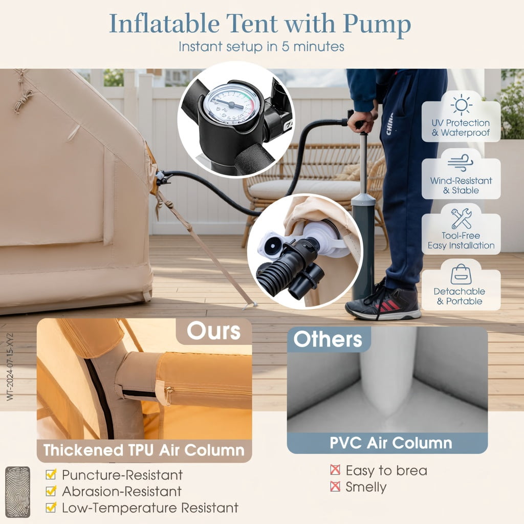 Resenkos Canopy, Gazebo Tent, Outdoor Canopies,Inflatable Camping Tent 2/4/6 People Glamping Tent for Family Camping with Pump-Beige