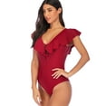 thumbnail image 4 of SAYFUT Women's One Piece Swimsuit V Neck Ruffle Monokinis Swimwear Crossback Bathing Suits Black/Jujube Red, 4 of 7