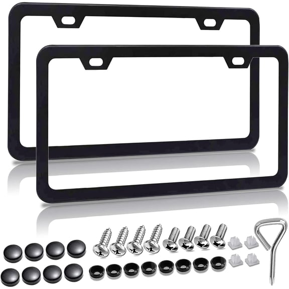 2PCS Premium Slim Matte Black License Plate Frames for Women & Men with Screw Caps, Street Legal Universal for Cars & Trucks, Heavy Duty Rust-Proof Aluminum Black License Plate Frames for Women & Men