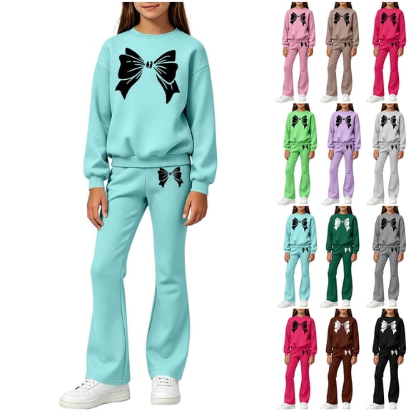 Girls 2-Piece Sweatsuit Set Long Sleeve Crewneck Top and Flare Pants with Bow Print Kids Casual Outfit for School Play Daily Wear