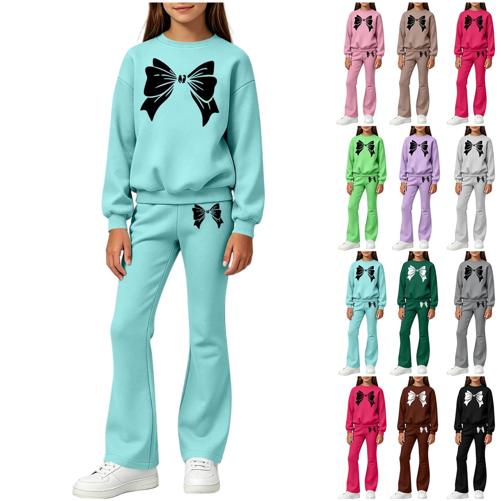 HVOBTTY Toddler Girl s Bow Print Crew Neck Long Sleeve Sweatshirt Elastic Waist Flare Long Pant 2 Piece Fashion Casual Outfit Suits
