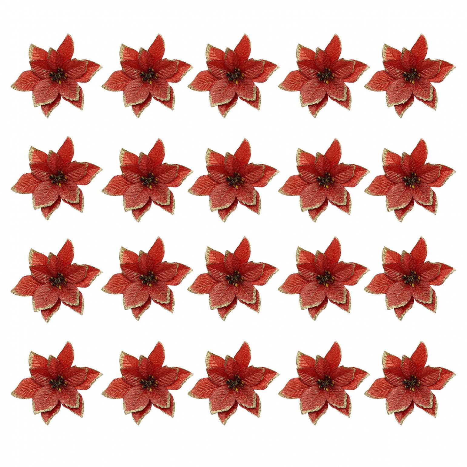 ATIXEL 20Pcs Glitter Red Poinsettia Clip On Ornaments for Christmas