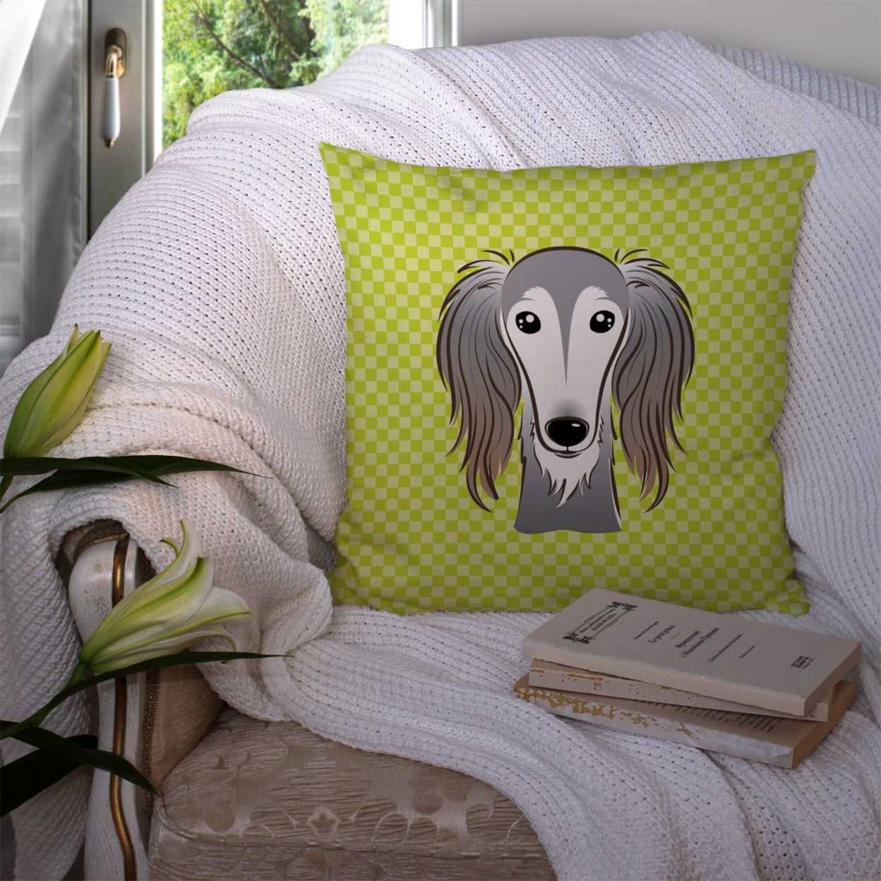 Caroline's Treasures BB1291PW1414 Checkerboard Lime Green Saluki Canvas Fabric Decorative Pillow , 14Hx14W, multicolor