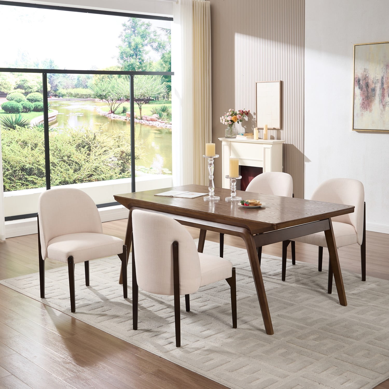Dining Chairs Set of 2, Modern Fabric Upholstered Wood Kitchen Chairs, Farmhouse Dining Room Chairs for Small Spaces, Beige