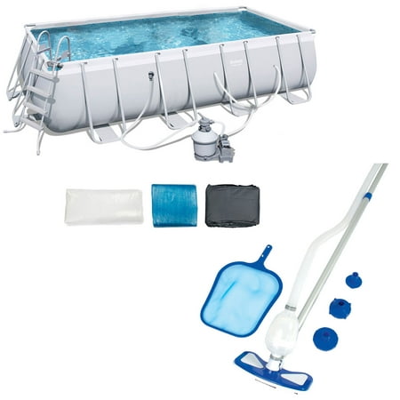 Bestway 18 x 9 Foot Rectangular Frame Above Ground Pool Set + Cleaning (Best Way To Clean Inside Of Computer)