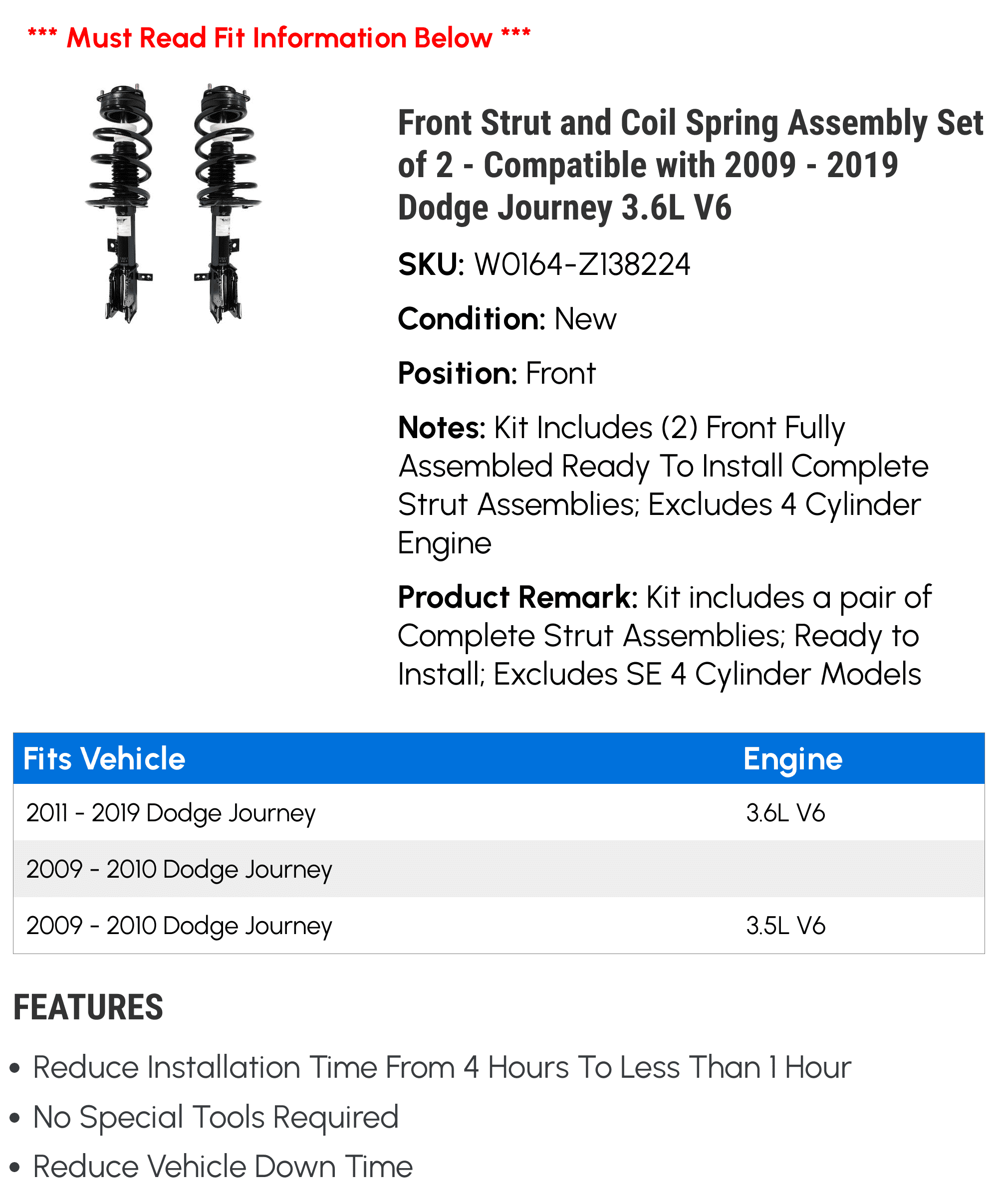 Front Strut and Coil Spring Assembly Set of 2 - Compatible with 2009 - 2019 Dodge Journey 3.6L V6 2010 2011 2012 2013 2014 2015 2016 2017 2018
