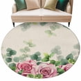 thumbnail image 2 of Spring Pink Roses Round Area Rug 5ft, Pastoral Eucalyptus Leaves Rustic Burlap Washable Non-Slip Circle Rugs for Bedroom Living Room Kitchen, Soft Low Pile Carpet for Dining Room Playroom Nursery, 2 of 9