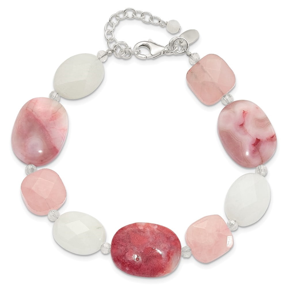 Diamond2Deal 925 Sterling Silver Pink Agate/Quartz, Jade, Crystal w/1in ext Bracelet for Women 8.75"
