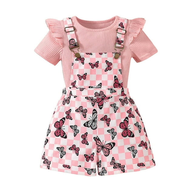 TZEWGL Ensemble 2 Pcs Confortable Col Rond Imprimé Graphique Manches Bouffantes Châle avec Imprimé Papillon Robe Sans Manches pour Enfant Taille 5-6T