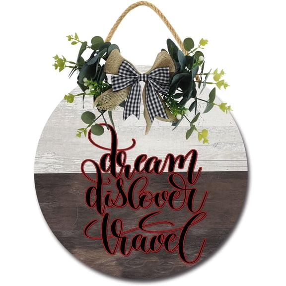 Eveokoki 12" Rustic Hanging Wooden Signs,Dream Discover Travel Family Sign Rustic Wall Decor Indoor and Outdoor Decoration Farmhouse Primitive for Home Wall Sign Door