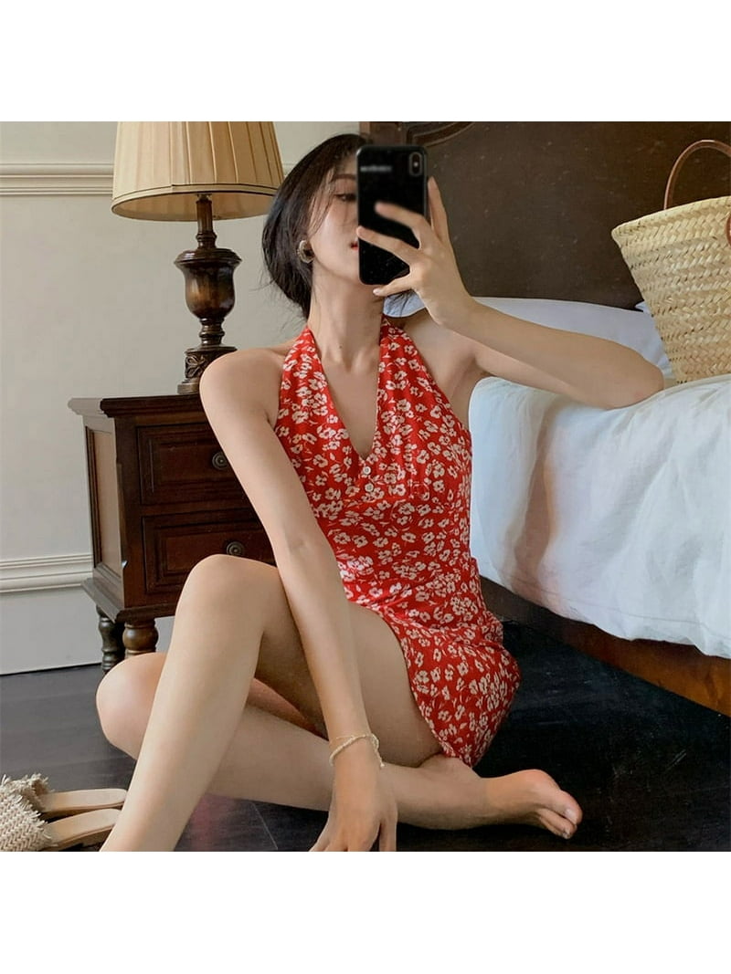 Women's Boho Floral Halter Dress | Sleeveless Shirred Ruffle Hem Mini Dress