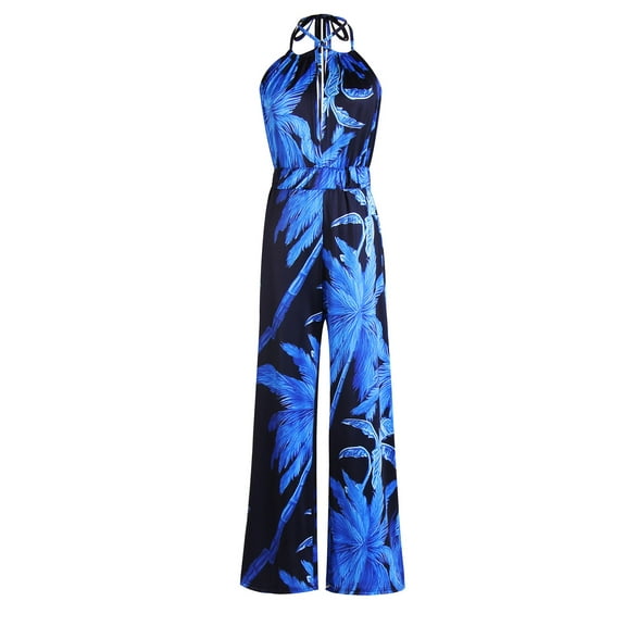 Women Jumpsuits Deep V Printed Halter Lace Up Backless Loose Straight Leg Jumpsuit for Spring and Summer Blue XL