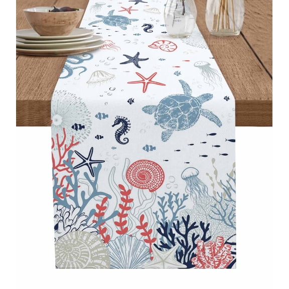 Navy Blue Coastal Table Runner 48 Inches, Coral Turtle Starfish Jellyfish Bed Runner Dresser Scarves Tabletop for Indoor Outdoor Parties/Ceremony/Banquet, 13" x 48"