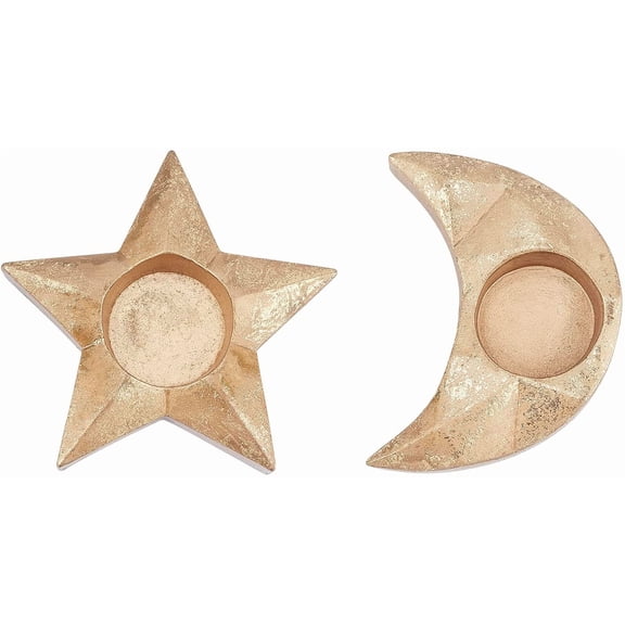 Moon Star Tealight Candle Holder 2Pcs Resin Candle Holder Eid Mubarak Decorations for Holiday Party Indoor Outdoor Decor Islamic Festival of Ramadan (Gold)