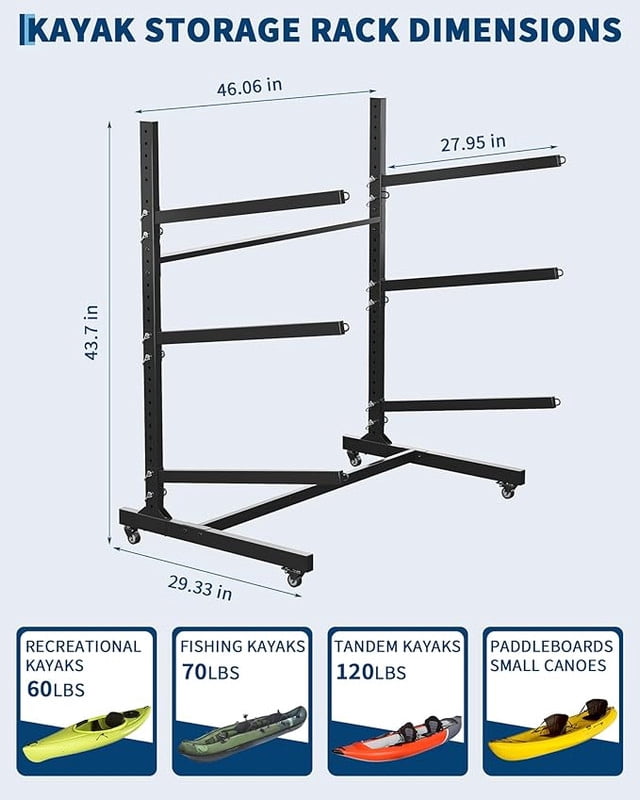 Kayak Storage Rack for 2-6 Kayaks Freestanding Kayak Rack for Outdoor Storage with Movable Wheels, Heavy-Duty Steel Kayak Hanger Holder with Hanging Straps