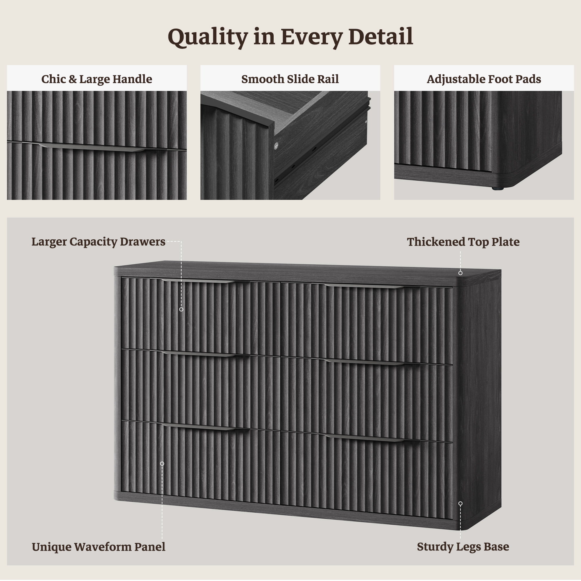 SICOTAS 53.5" Wide 6 Drawer Dresser for Bedroom, Farmhouse Chest of Drawers with Black Handles, Fluted Wood Storage Cabinet for Living Room, Black