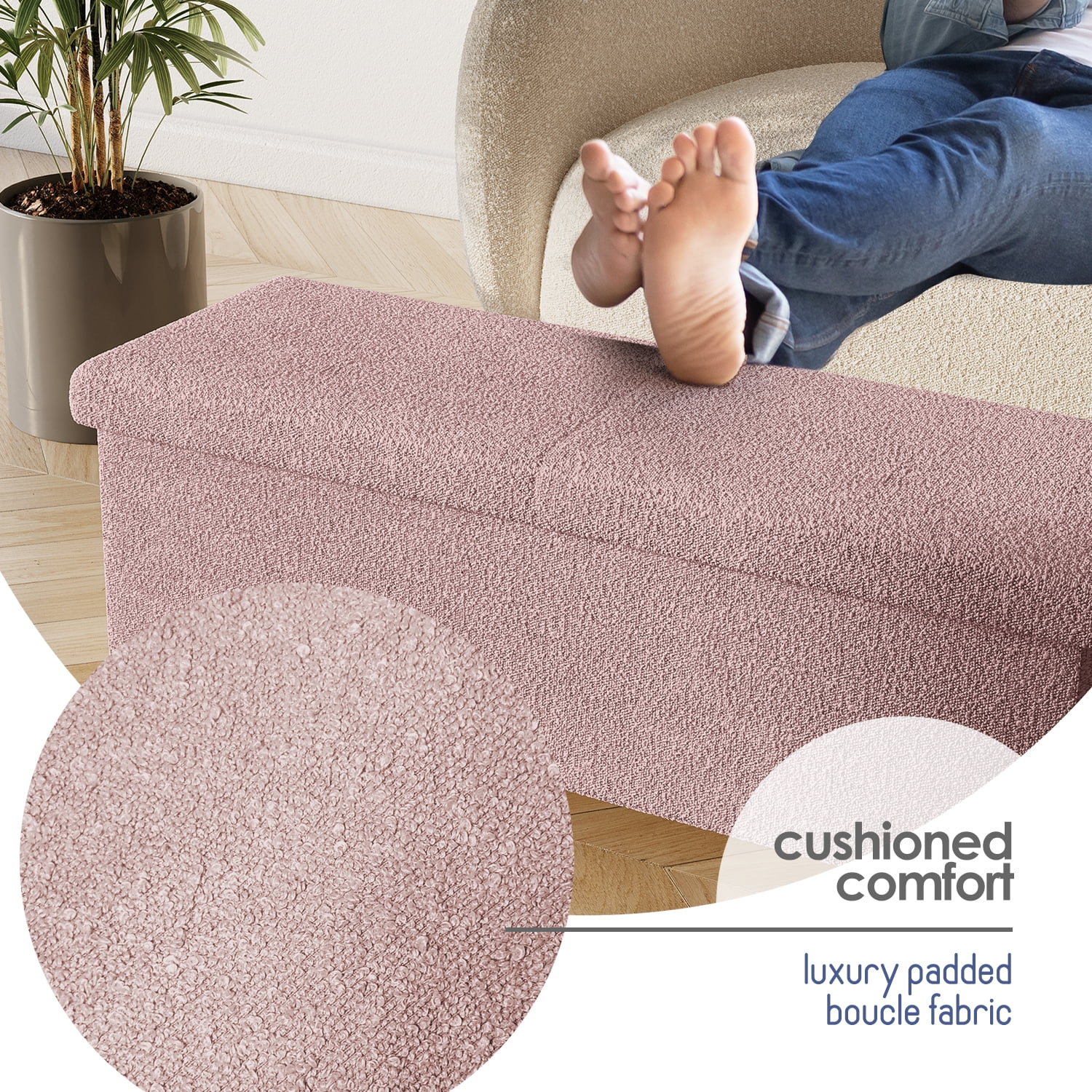 Hearth & Harbor Storage Ottoman Bench, Boucle 43" Ottoman with Storage , Pink