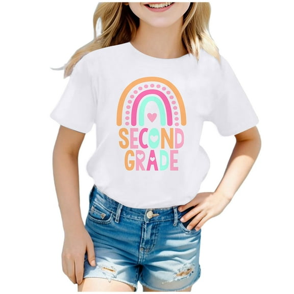 YUEHUA Girls Tops Summer Girls' Children Crew Neck Short Sleeved Rainbow and Letter Patterned Casual Loose Fitting Short Sleeved T Shirt Top, Size 5-6 Years