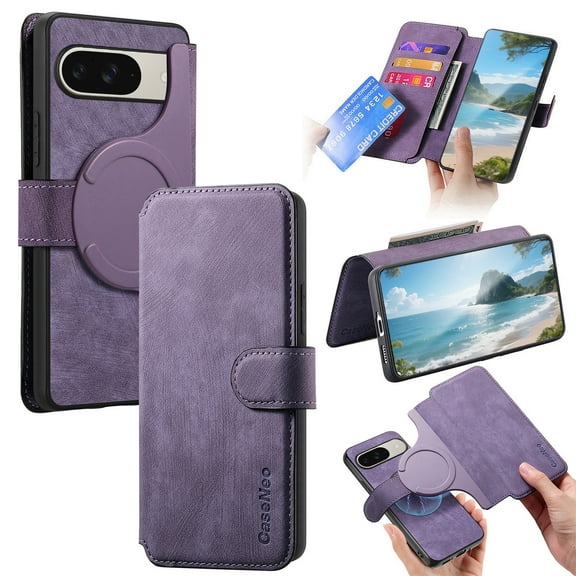 CCSmall for Google Pixel 10 Pro XL Case with Detachable Magnetic Wallet, Retro PU Leather Flip Phone Case Cover with Card Slots Holder for Google Pixel 10 Pro XL KQX Purple