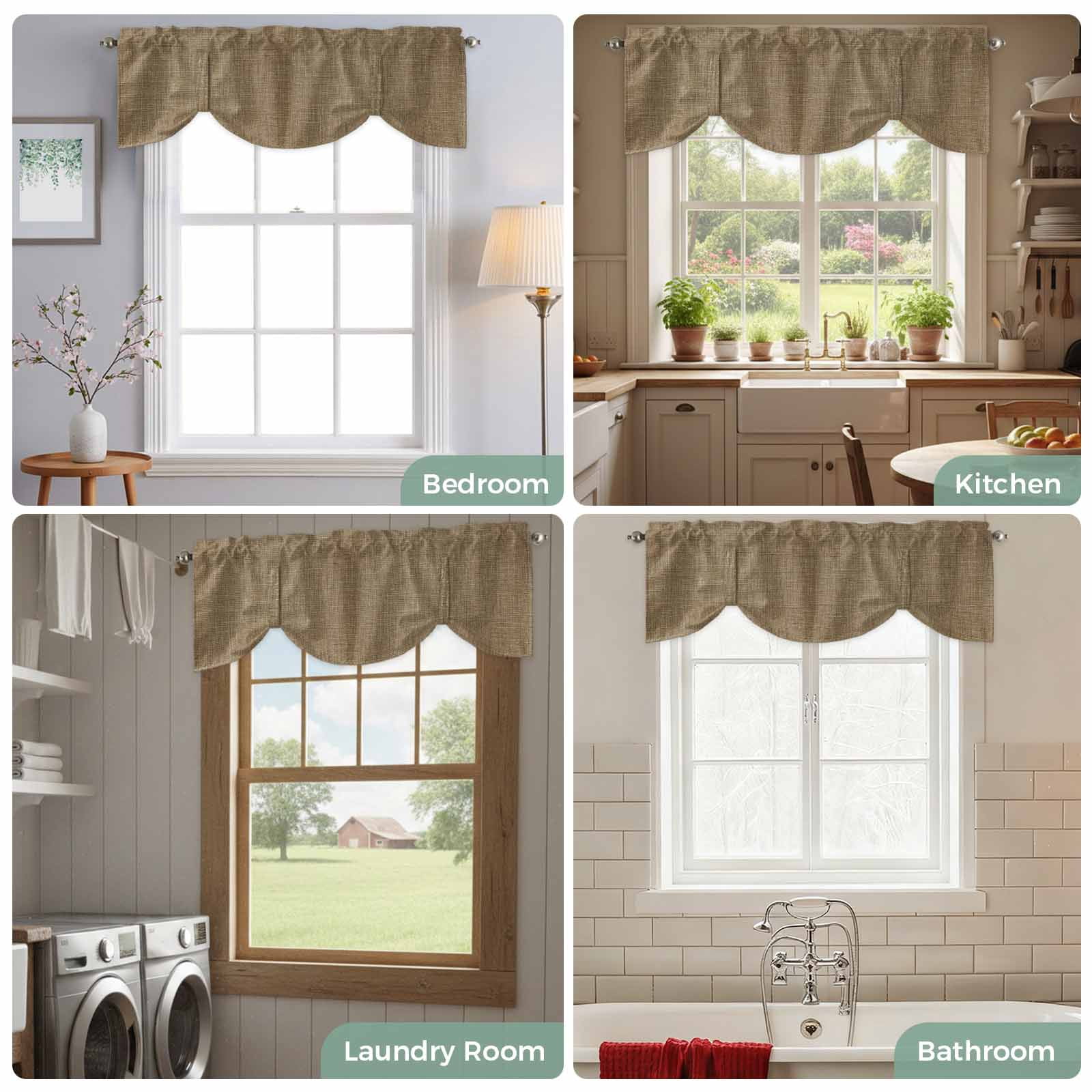 Tie Up Valances for Windows, Vintage Brown Adjustable Valance Curtains Window Treatment for Living Room, Farmhouse Retro Dark Solid Color Linen Texture Rod Pocket Kitchen Curtains 42x12 Inch