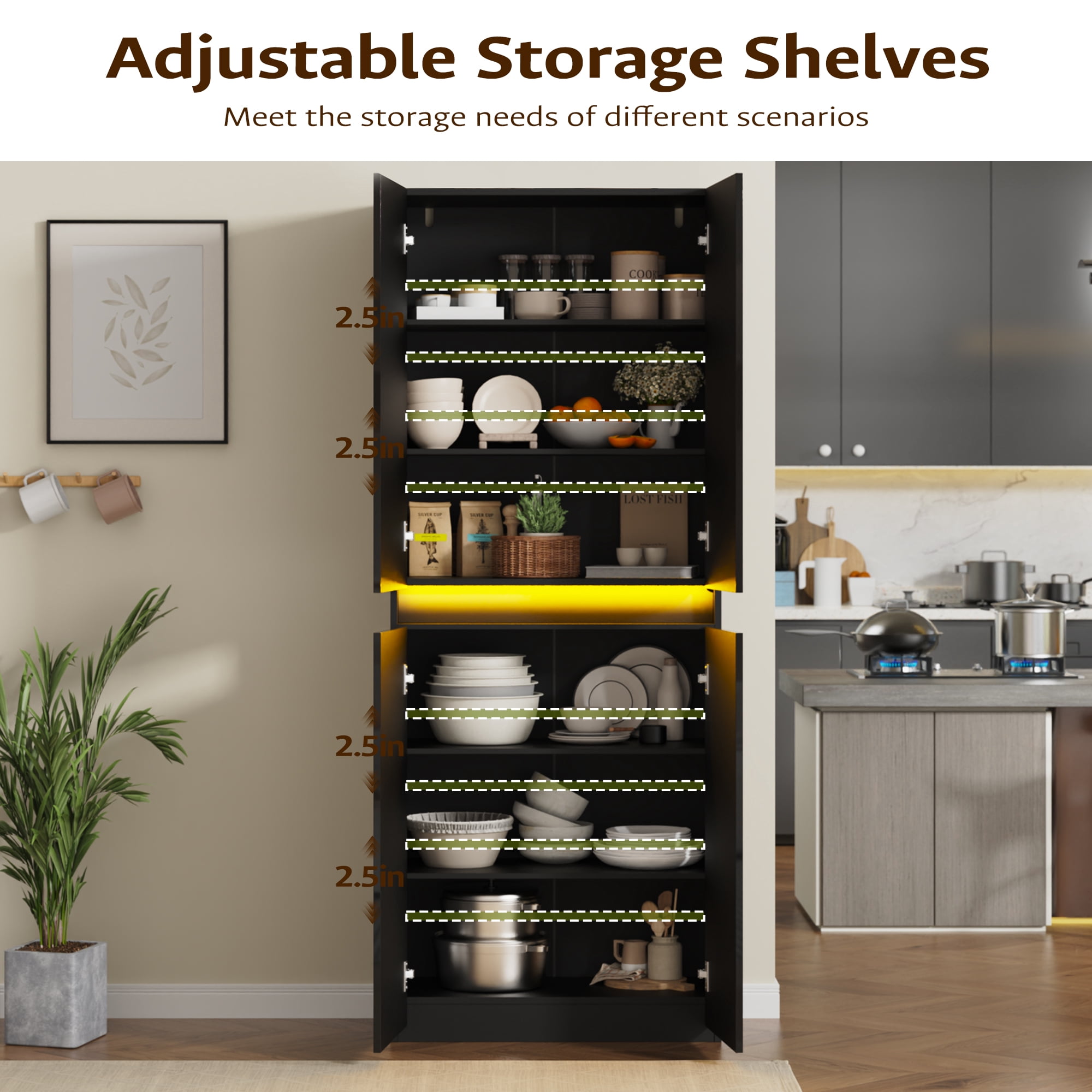 71" Tall Kitchen Pantry, Pantry Storage Cabinet with High Gloss Doors, Modern Buffet Hutch Cabinet with Led Light and Adjustable Shelves for Dining Room, Living Room, Black