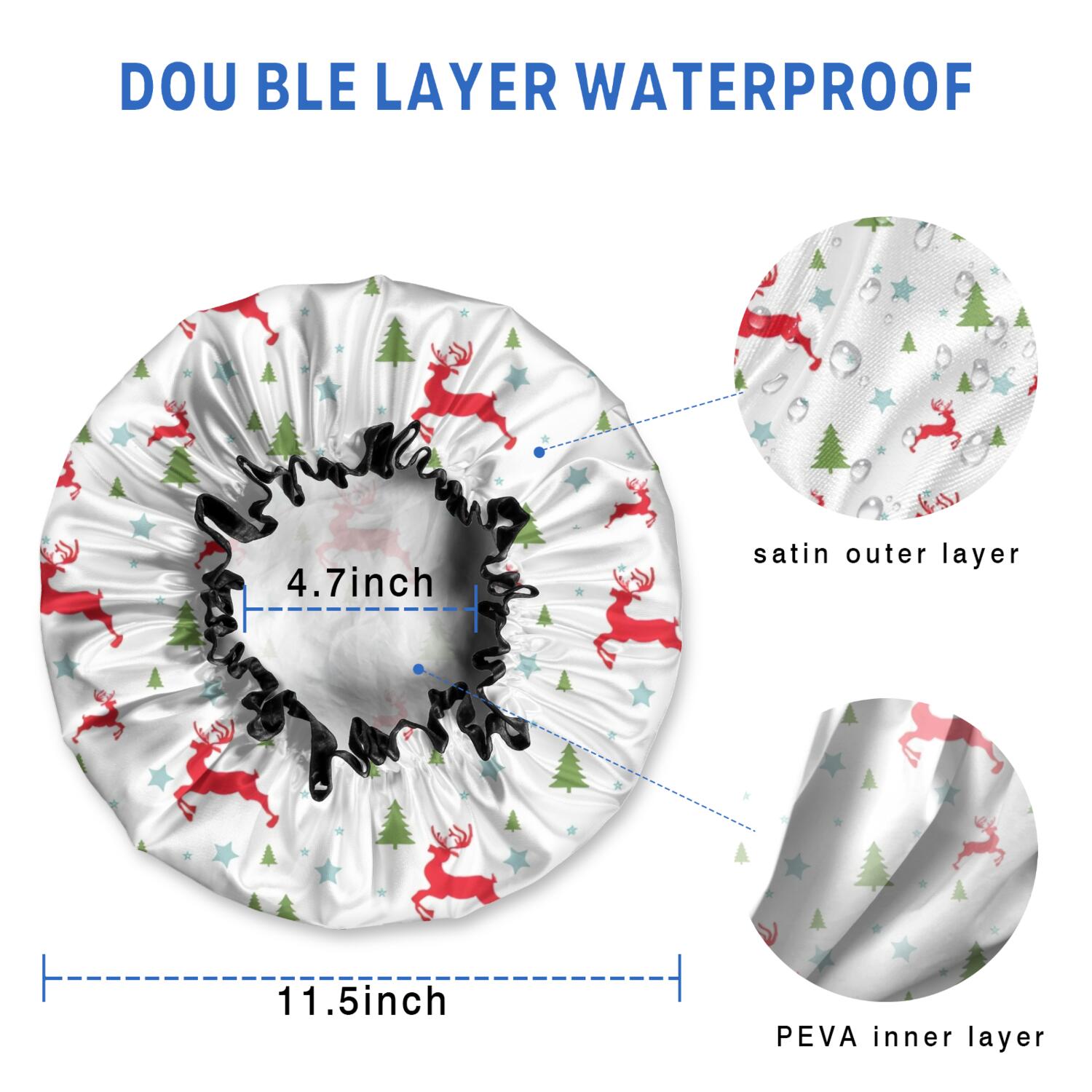 Shower Caps,White Christmas Reindeer and Tree Pattern Waterproof Shower Cap for Women 4 Pieces,Double Reusable Hair Cover for Shower PEVA Elastic Stretch Hem