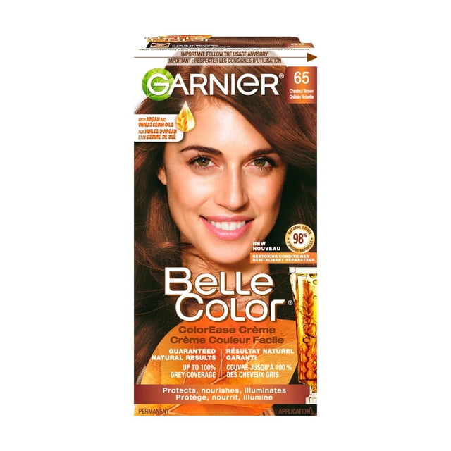 Garnier Belle Color Permanent Hair Dye, 65 Chestnut Brown, 100% Grey Coverage, Enriched with Argan Oil and Wheat Germ Oils - 1 Application