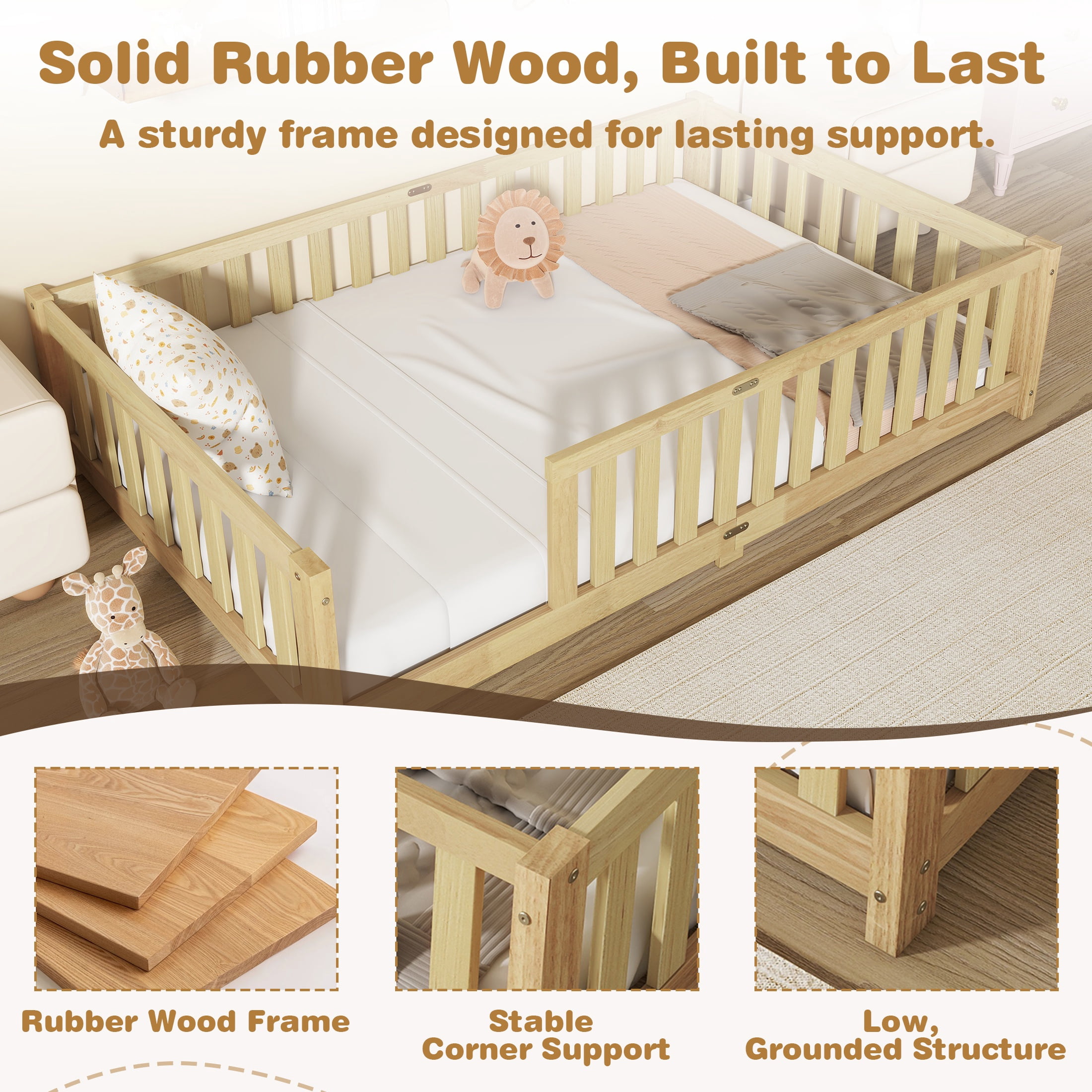 Sesslife Twin Montessori Floor Bed, Wood Twin Size Floor Bed Frame with Safety Guardrails and Slats, Low Profile Toddler Bed for Kids Boys and Girls, No Box Spring Needed, Natural