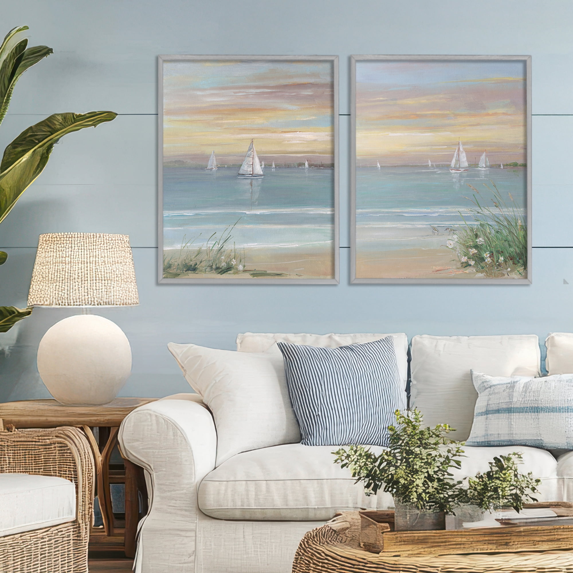 Stupell Industries Summer Shore Panorama 2 Piece Gray Framed Giclee Art Set, design by Sally Swatland