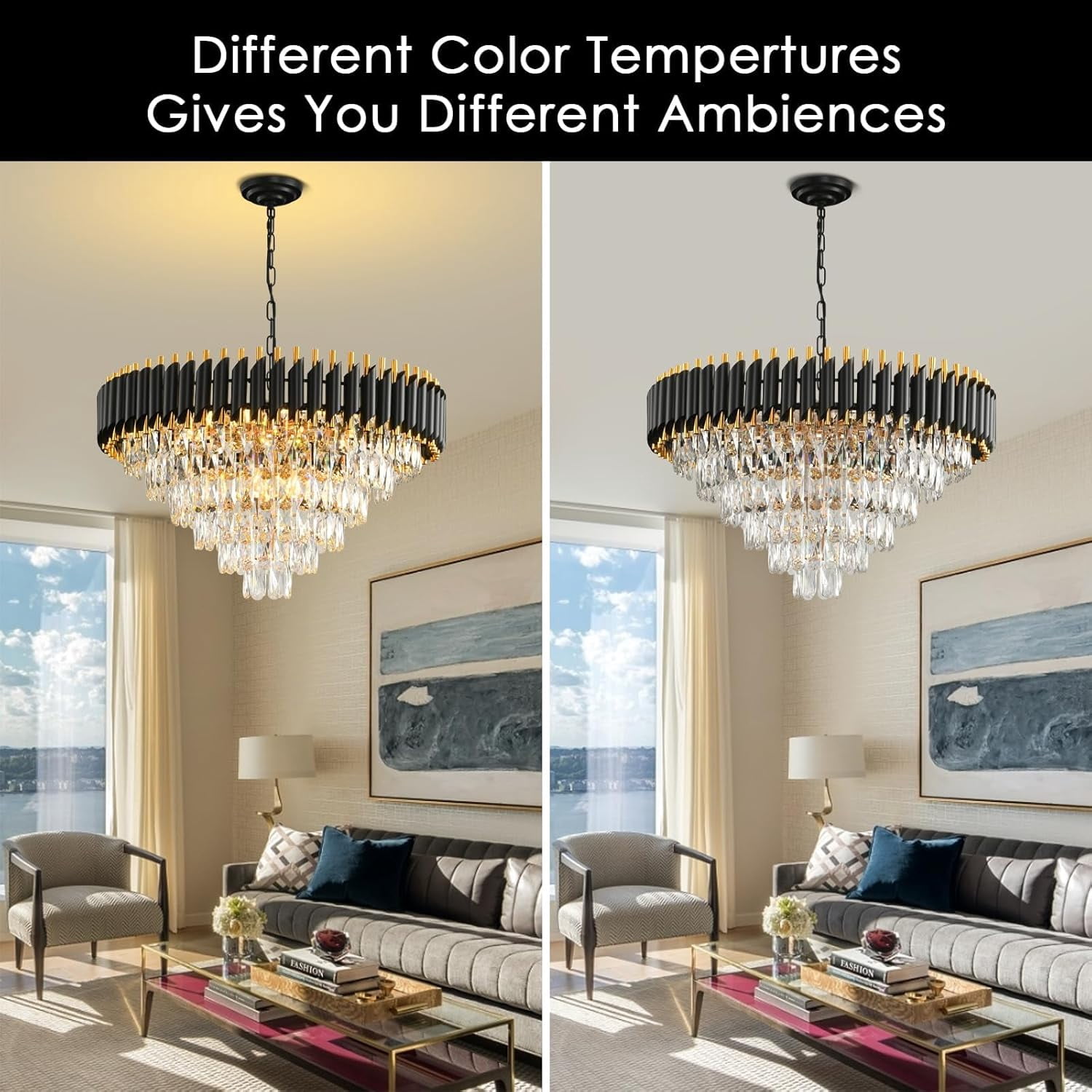Modern Crystal Chandeliers for Dining Room 15-Light Black and Gold Chandelier Living Room Round 6 Tiers Contemporary Ceiling Hanging Light Pendant Light Fixture for Entryway Foyer Staircase W29”