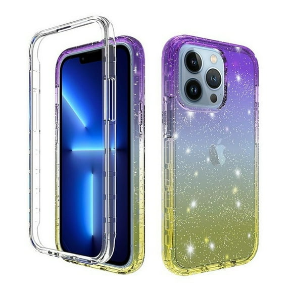 For Apple iPhone 13 (6.1") Clear Gradient Glitter Bling Sparkly Hybrid Bumper and Front Frame Drop Protective Phone Case Cover by Xpression [Purple Yellow]