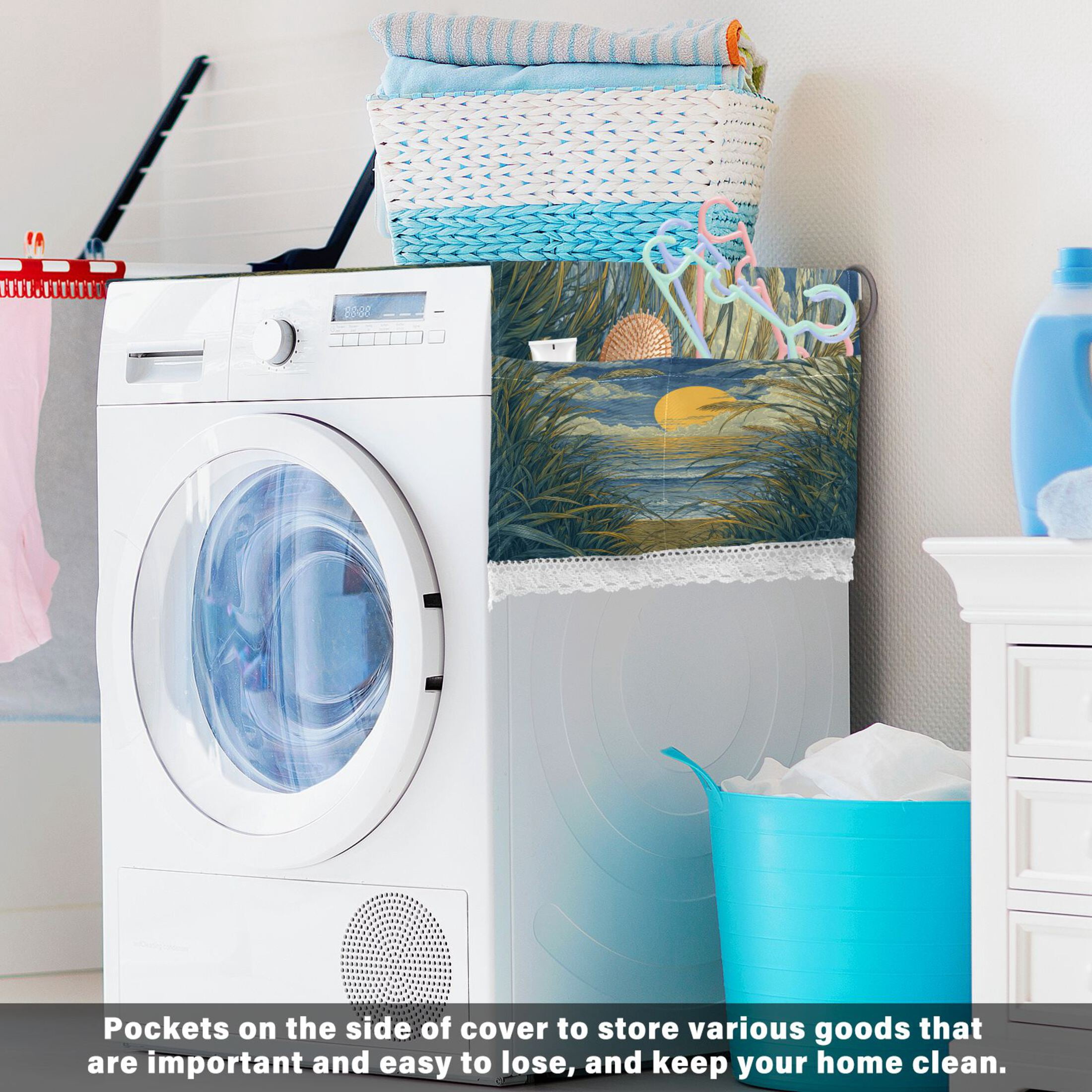 Wobogo Reed Marsh Sunrise Washing Machine Cover Dustproof Washer Dryer Cover Waterproof Laundry Room Decorative Protector