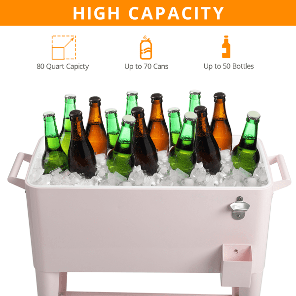 Alvantor 80 QT Patio Rolling Cooler Cart with Shelf, Bottle Opener and Lockable Wheels, Pink