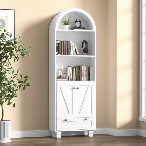 Eumyviv 71" Tall Arched Bookshelf with Doors, 5-Tier Large Storage Cabinet, Open Display Shelf & Drawer, Modern Bookcase for Living Room, Dining Room, Kitchen, White, GT049