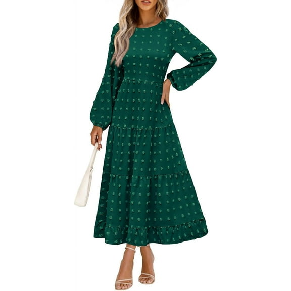 Women's Fall Elegant Long Sleeve Maxi Dress Swiss Dot A Line Flowy Casual Holiday Party Going Out Dresses