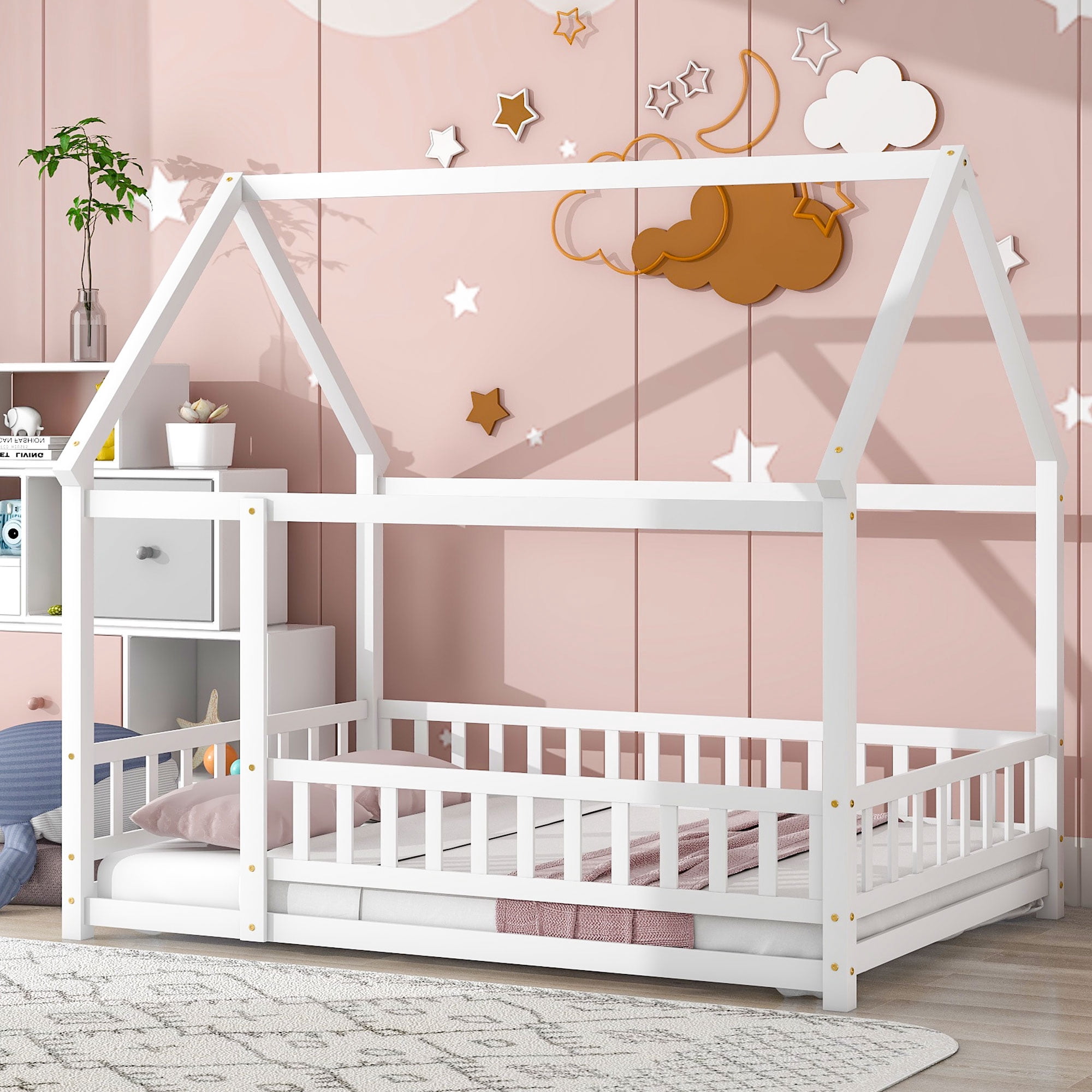 Miniyam Full Size Toddler Bed , Wood Floor House Bed with Rail for Kids, White