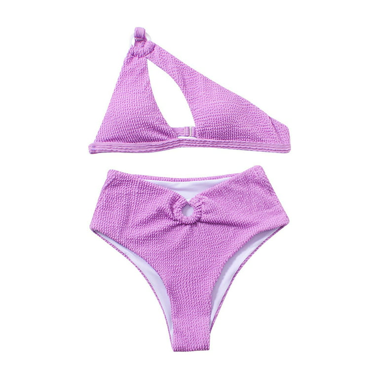 Finelylove Cute Swimsuits Lightly Lined One Shoulder Bra Style Bikini  Purple L