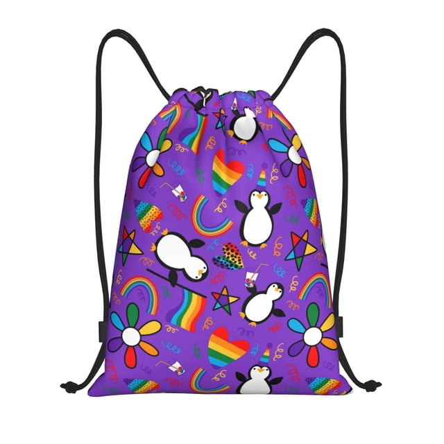 Saiise Rainbow Lgbt Penguin Pattern Sports Drawstring Backpack - String Swim Gym Bag with Wet Proof Pocket for Women&Men-Medium