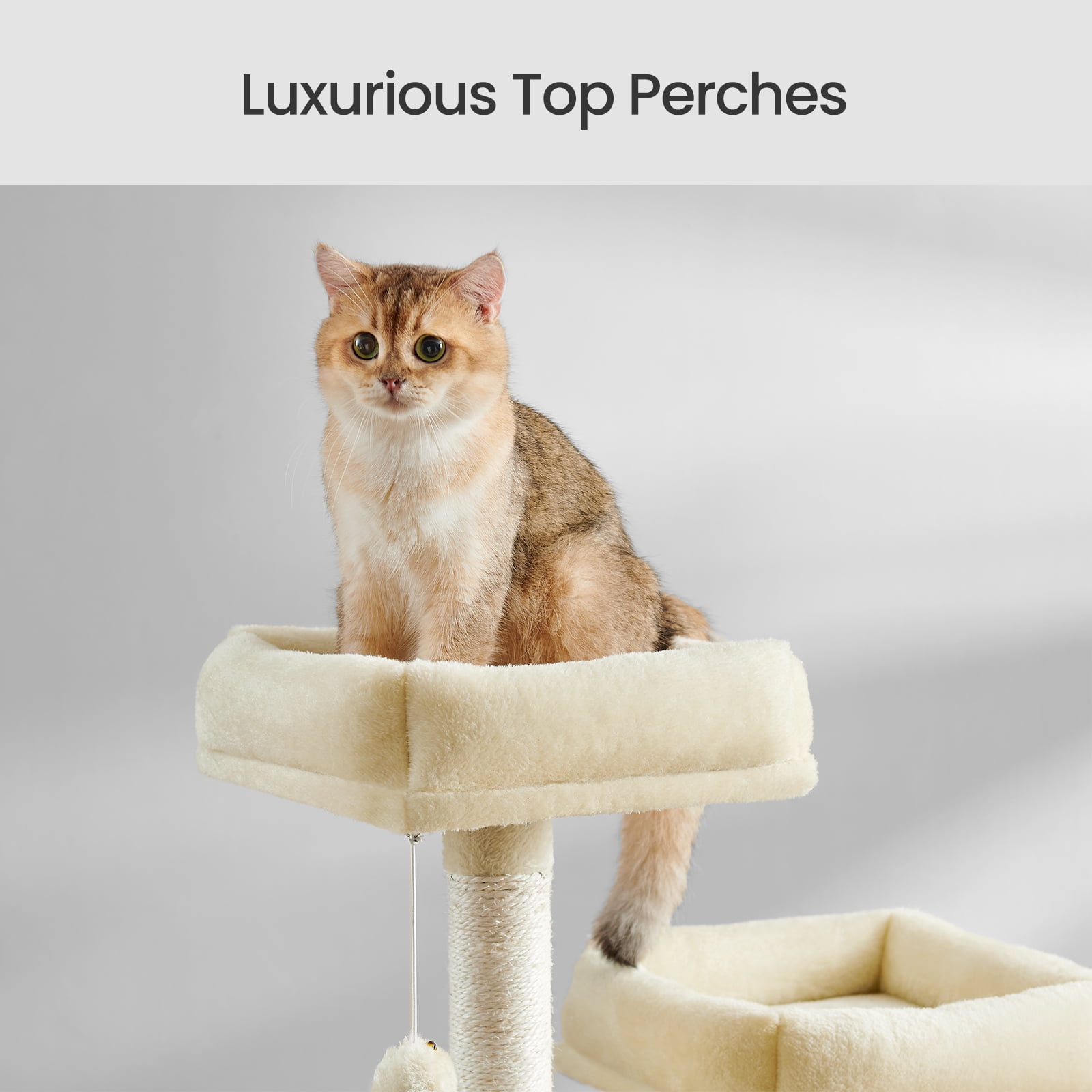 LEDREM 66.1" Large Cat Tree - 13 Scratching Posts, 2 Perches & 2 Caves, Multi-Level Plush Cat Condo with Hammock, Beige