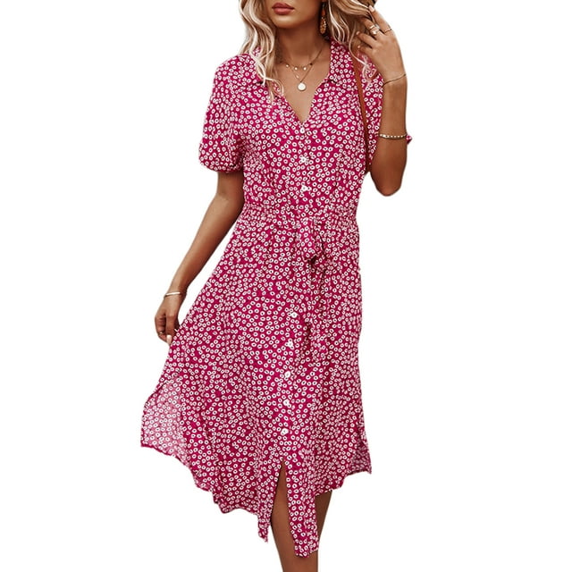 Women's Button Down Midi Dress, Short Sleeve Floral Print Belted Loose