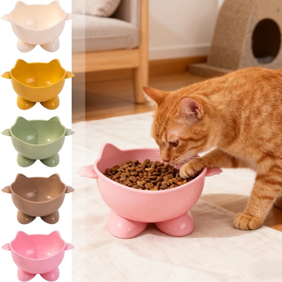 Cats Food Bowl Large Capacity | Raised Plastic Cat Feeder | Cute Multicolor Drinking Dish 19x13.5x10cm | Protects Neck, Whisker Friendly, No-Slip Base | Easy Clean, Comfortable Feeding