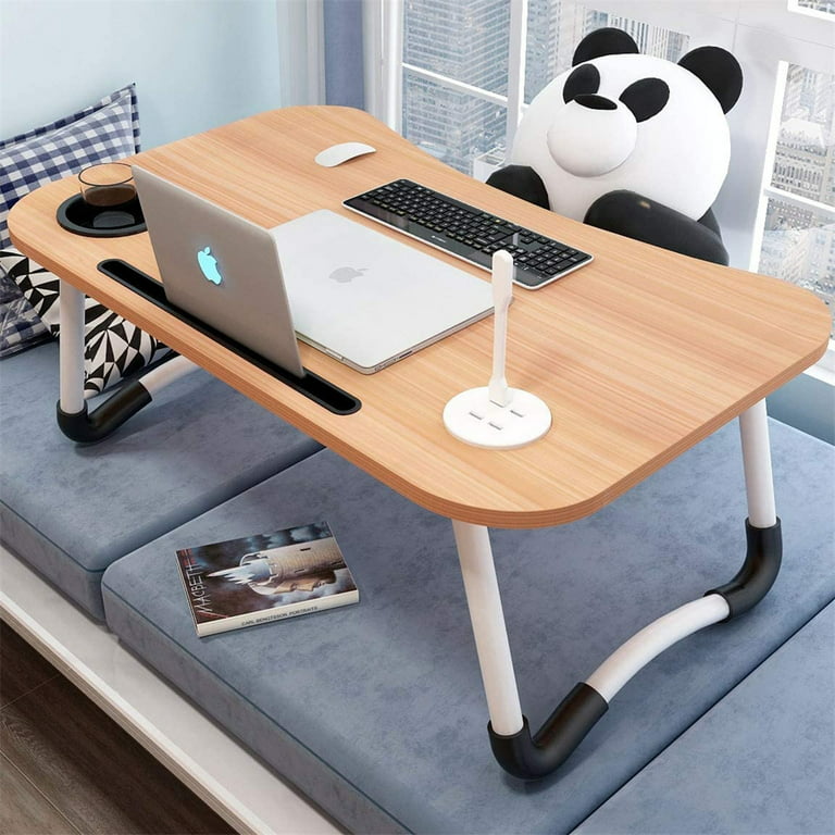 Foldable Lap Desk for Bed, Bed Tray Table with 4 USB Ports, Holder Slots,  Cup Holder and Drawer, Laptop Desk Table with Mini Lamp, Fan, Portable  Notebook Table Stand for Laptop, Tablet