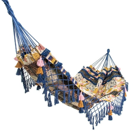 Equip Jacquard Bohemian Macrame Hammock, Blue Patchwork Print, Size 126 in. L x 59 in. W