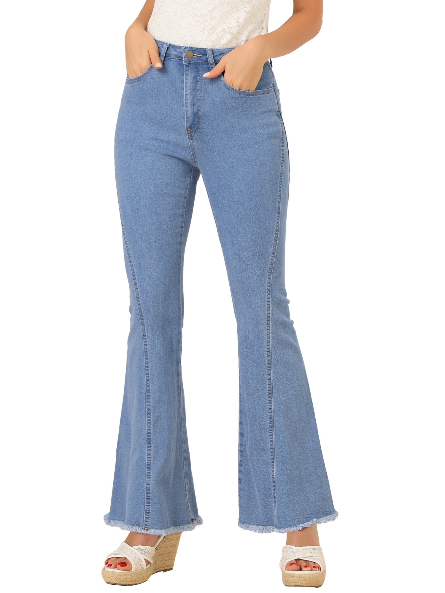 Unique Bargains Women's Flare Denim Pants High Waist Stretch Bell Bottoms Jeans