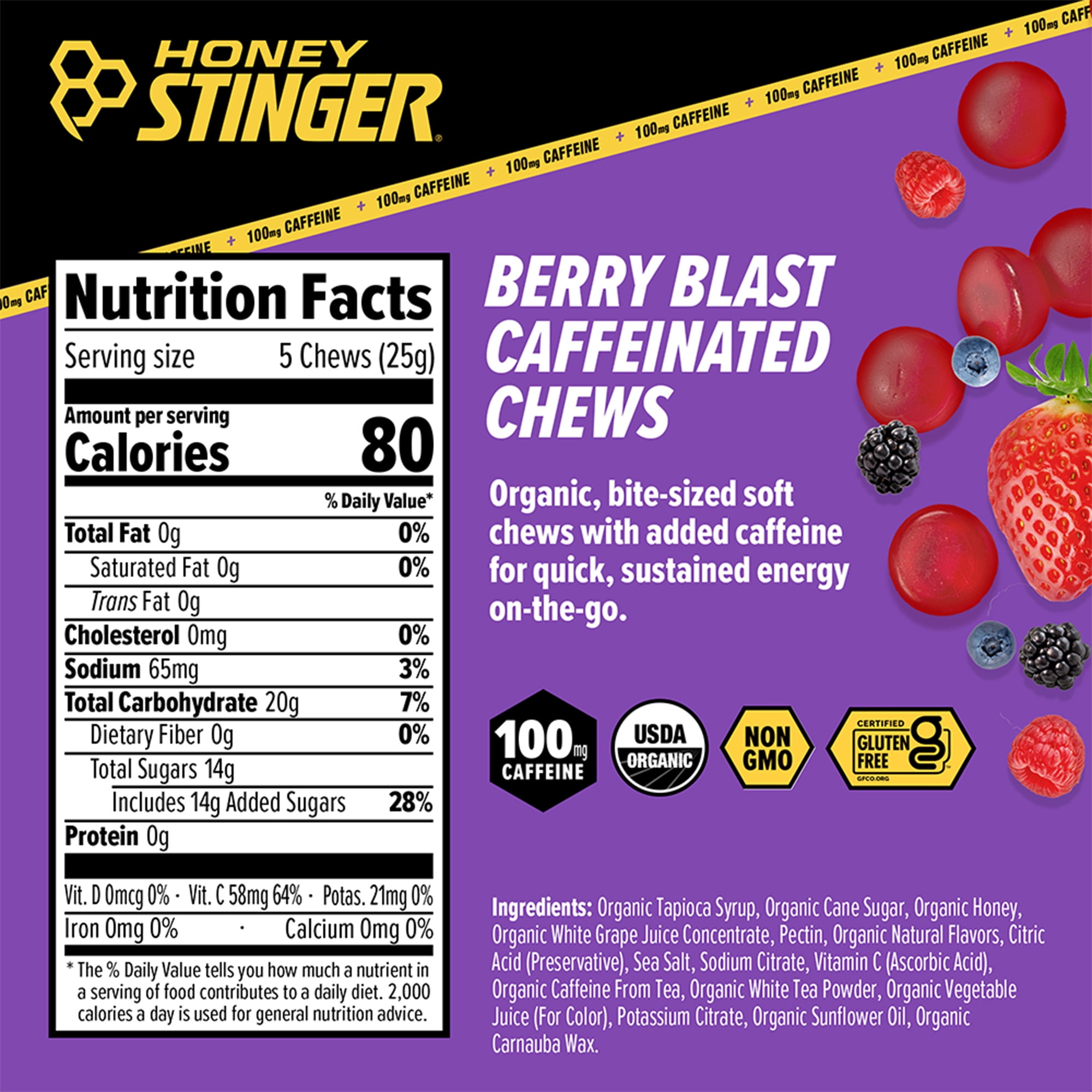 Honey Stinger Organic High Caffeinated Energy Chews Berry Blast 12 Count