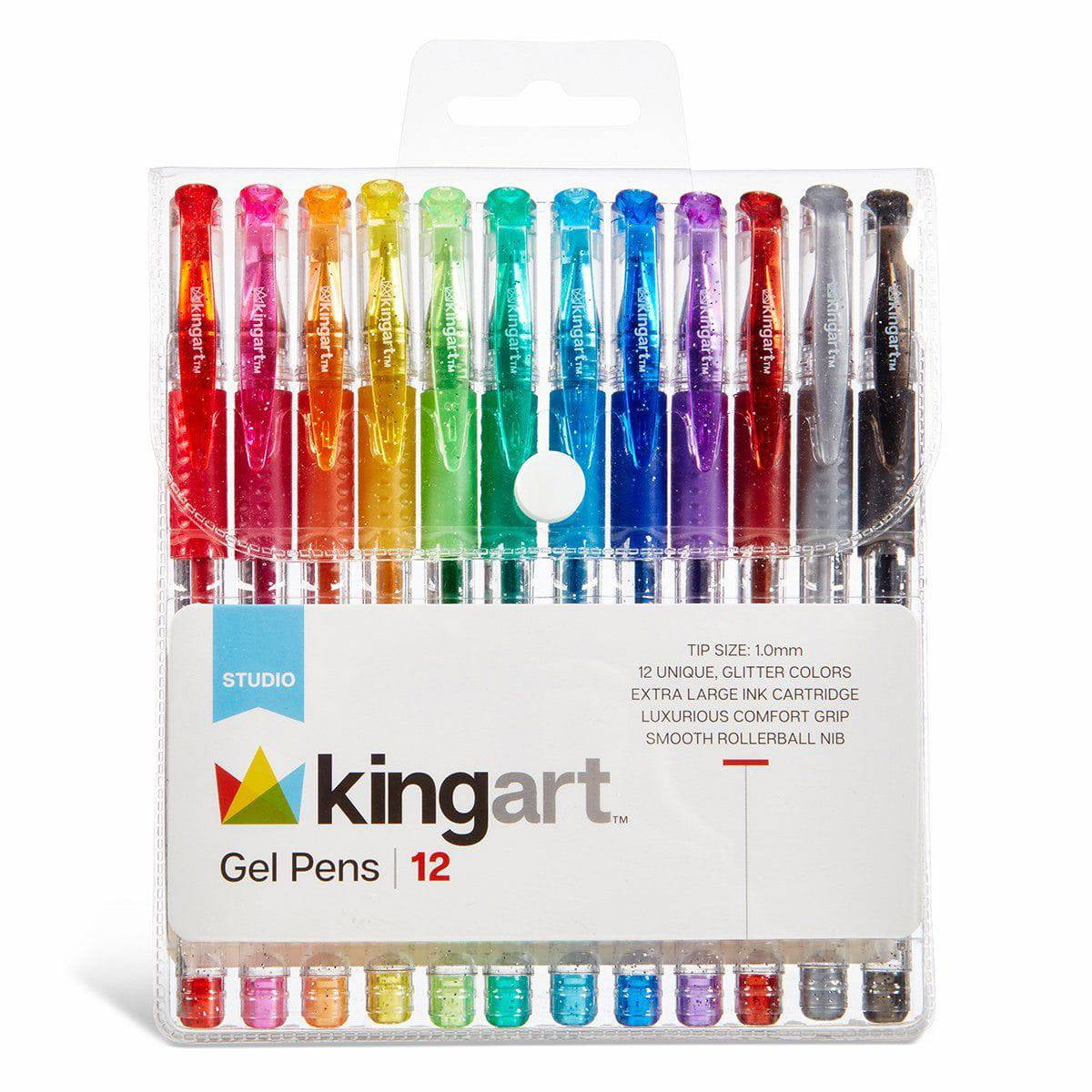 KINGART Soft Grip Glitter Gel Pens, XL 2.5mm Ink Cartridge, Set of 12 Unique Colors