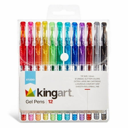 KINGART Glitter Gel Pens Set – 12 Vibrant Colors, Soft Grip 2.5mm Pens for Adult Coloring, Art and Fine lines